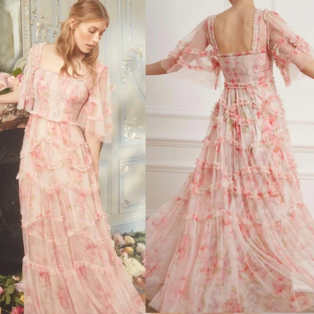 Needle & Thread Pink Floral Tiered Tulle Midi Dress - Picture 7 of 14